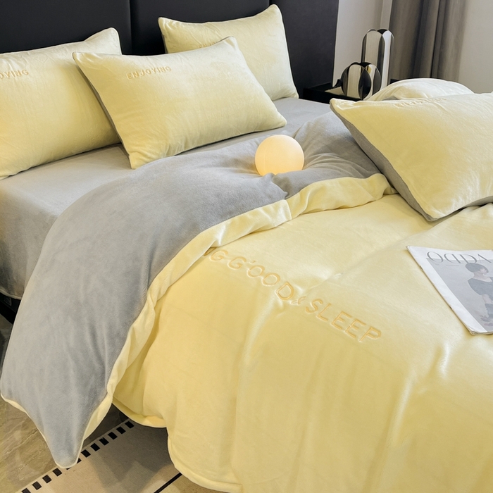 91家纺网 家纺一手货源 找家纺 澳梵家居 2024新款牛奶绒刺绣四件套--【山岚系列】 柠檬黄