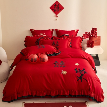 91家纺网 家纺一手货源 找家纺 （总）玉雅家纺 2025新款长绒棉花边式红黑格调婚庆四件套