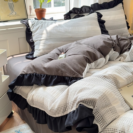 91家纺网 家纺一手货源 找家纺 （总）老K (原美阁）2024新款法式华夫格渐变色水洗棉韩版公主风四件套