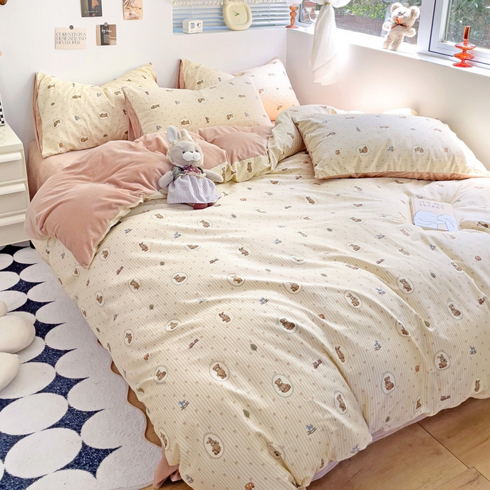 91家纺网 家纺一手货源 找家纺 盛馨家纺 2024秋冬棉加绒13372全棉宝宝绒牛奶绒床单床笠保暖绒四件套 幸运熊