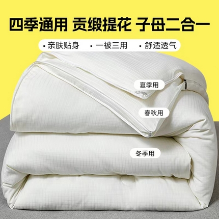 91家纺网 家纺一手货源 找家纺 梵克保罗 2024新款贡缎提花拉链款子母被直播被芯有机棉立体冬被子被芯 双面贡缎提花子母被-象牙白