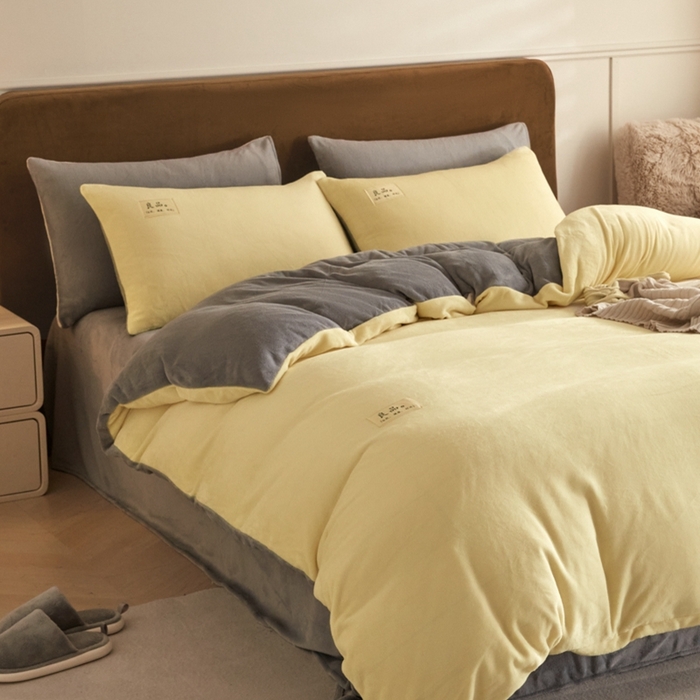 91家纺网 家纺一手货源 找家纺 澳梵家居 2024新款牛奶绒素色双拼四件套--【暖茶系列】 暖茶-柠檬黄