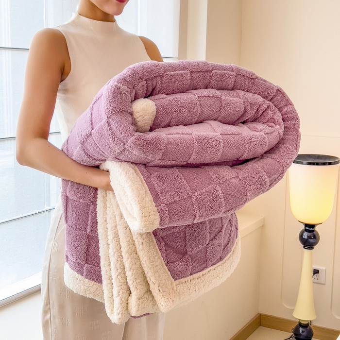 91家纺网 家纺一手货源 找家纺 希廷顿 2024新款高克重双层加厚塔芙绒毛毯 方格-香芋紫