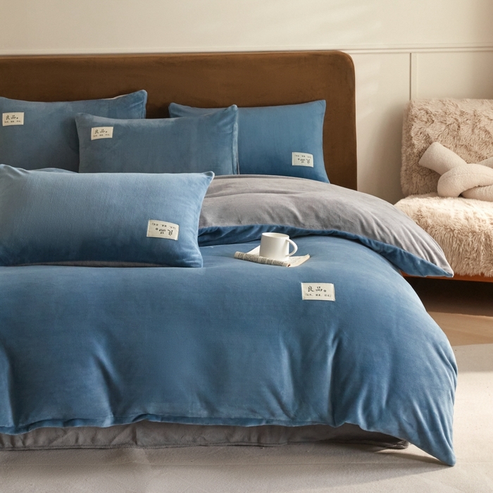 91家纺网 家纺一手货源 找家纺 澳梵家居 2024新款牛奶绒素色双拼四件套--【暖茶系列】 暖茶-莱茵蓝