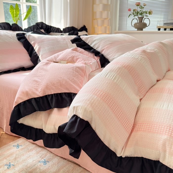 91家纺网 家纺一手货源 找家纺 （总）老K (原美阁）2024新款法式华夫格渐变色水洗棉韩版公主风四件套