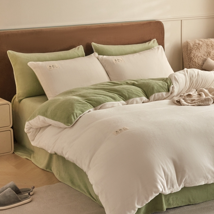 91家纺网 家纺一手货源 找家纺 澳梵家居 2024新款牛奶绒素色双拼四件套--【暖茶系列】 暖茶-茉莉青提