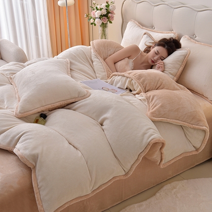 91家纺网 家纺一手货源 找家纺 （总）云恋家纺 2025新款冬季纯色牛奶绒保暖四件套加厚双面法兰绒被套床笠床品加绒套件--简约款