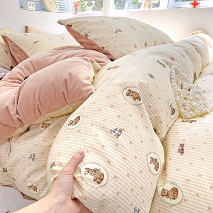 盛馨家纺 2024秋冬棉加绒13372全棉宝宝绒牛奶绒床单床笠保暖绒四件套 幸运熊