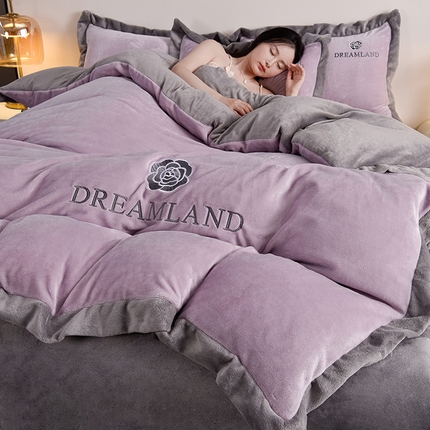 91家纺网 家纺一手货源 找家纺 （总）云恋家纺 2025轻奢双面牛奶绒刺绣四件套加厚法兰绒床品被套床笠床单加绒套件--梦想款