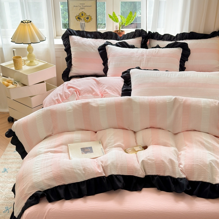 91家纺网 家纺一手货源 找家纺 （总）老K (原美阁）2024新款法式华夫格渐变色水洗棉韩版公主风四件套