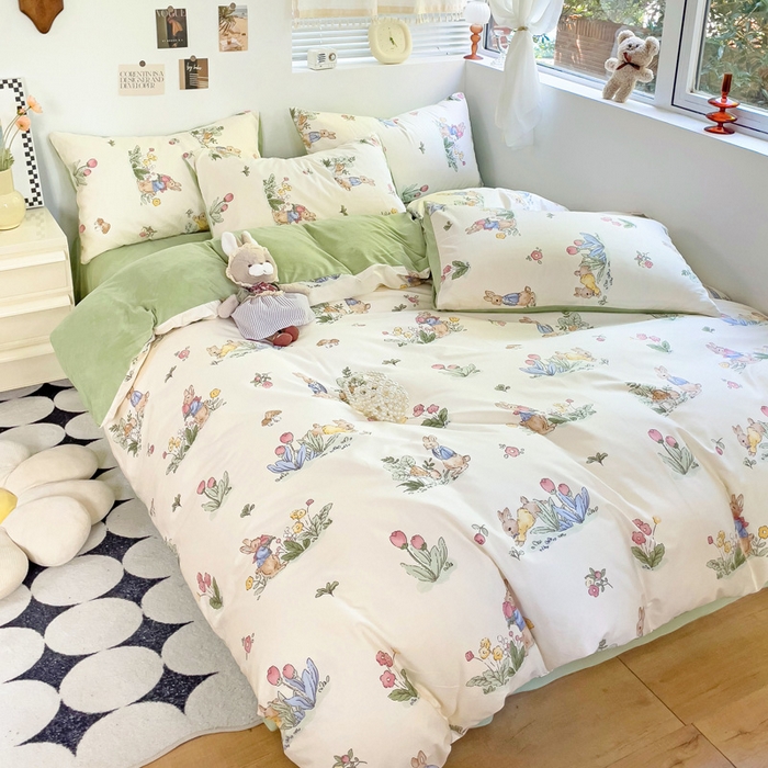 91家纺网 家纺一手货源 找家纺 盛馨家纺 2024秋冬棉加绒13372全棉宝宝绒牛奶绒床单床笠保暖绒四件套 兔野仙踪