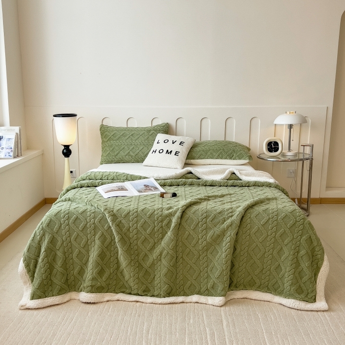 91家纺网 家纺一手货源 找家纺 希廷顿 2024新款高克重双层加厚塔芙绒毛毯 麻花-抹茶绿