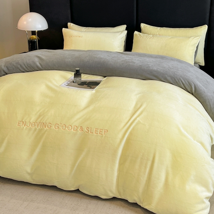 91家纺网 家纺一手货源 找家纺 澳梵家居 2024新款牛奶绒刺绣四件套--【山岚系列】 柠檬黄