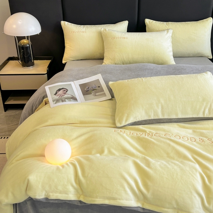 91家纺网 家纺一手货源 找家纺 澳梵家居 2024新款牛奶绒刺绣四件套--【山岚系列】 柠檬黄