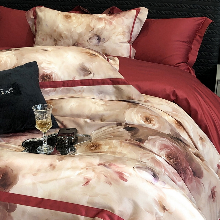 91家纺网 家纺一手货源 找家纺 2024新款高支数码印花四件套 西棠-红