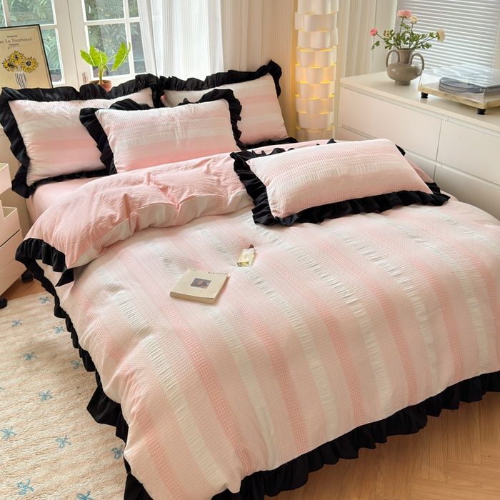 91家纺网 家纺一手货源 找家纺 （总）老K (原美阁）2024新款法式华夫格渐变色水洗棉韩版公主风四件套