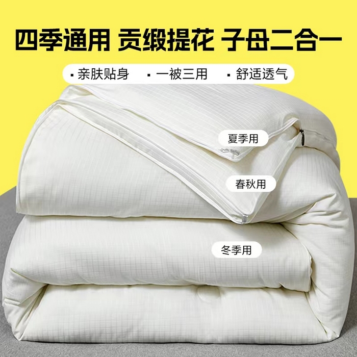 91家纺网 家纺一手货源 找家纺 梵克保罗 2024新款贡缎提花拉链款子母被直播被芯有机棉立体冬被子被芯 双面贡缎提花子母被-象牙白