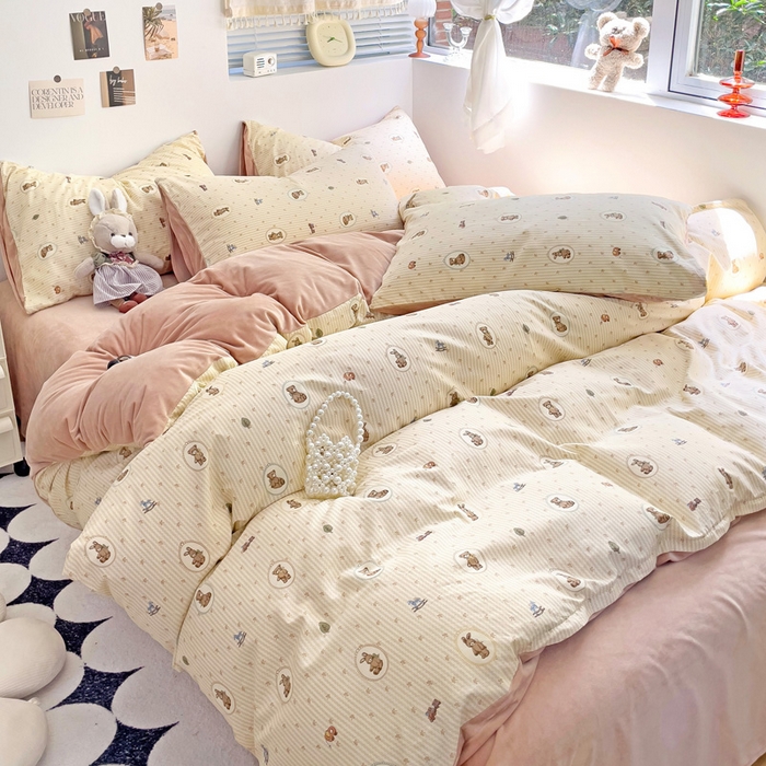 91家纺网 家纺一手货源 找家纺 盛馨家纺 2024秋冬棉加绒13372全棉宝宝绒牛奶绒床单床笠保暖绒四件套 幸运熊