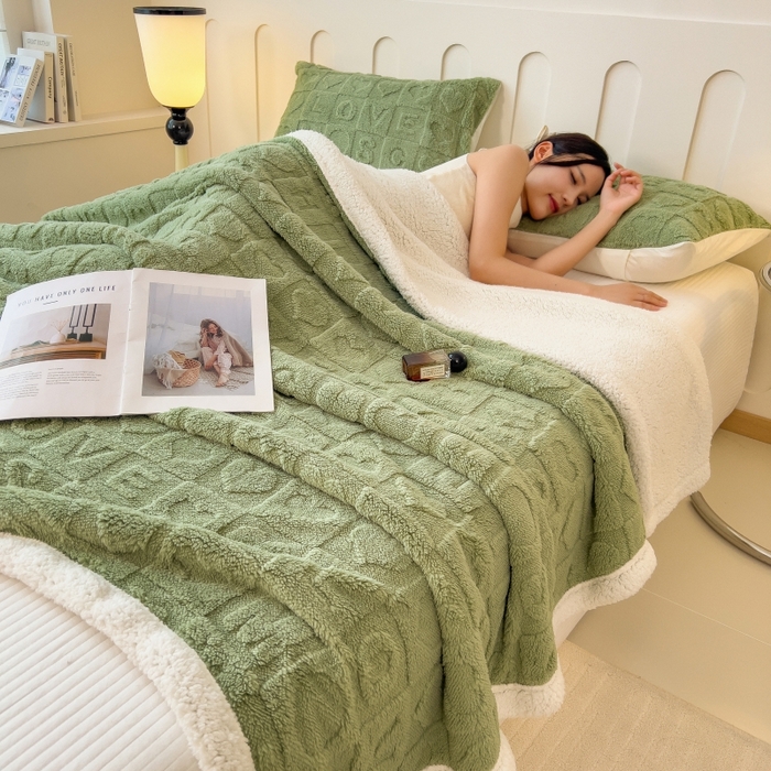 91家纺网 家纺一手货源 找家纺 希廷顿 2024新款高克重双层加厚塔芙绒毛毯 爱心-抹茶绿