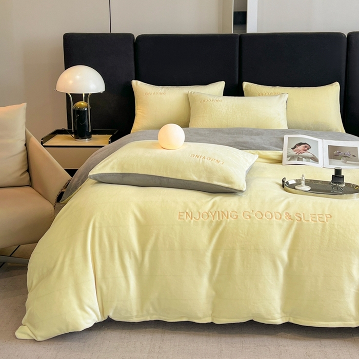 91家纺网 家纺一手货源 找家纺 澳梵家居 2024新款牛奶绒刺绣四件套--【山岚系列】 柠檬黄