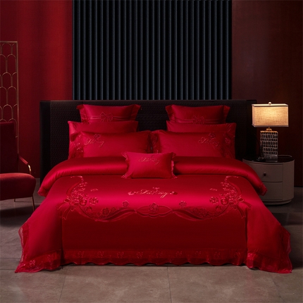 91家纺网 家纺一手货源 找家纺 2025新款长绒棉长绒棉贡缎提花款新中式古典韵味精美刺绣婚庆四件套多件套爱的诺言红