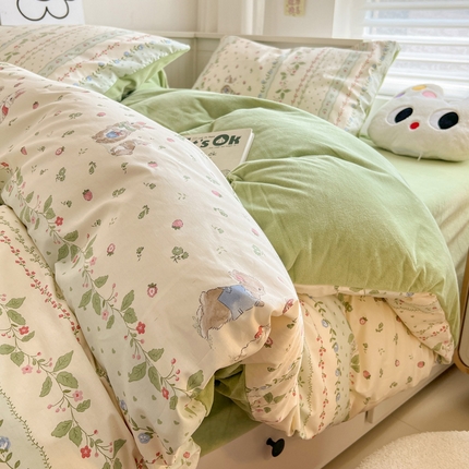 盛馨家纺 2024秋冬棉加绒13372全棉宝宝绒牛奶绒床单床笠保暖绒四件套 田园兔