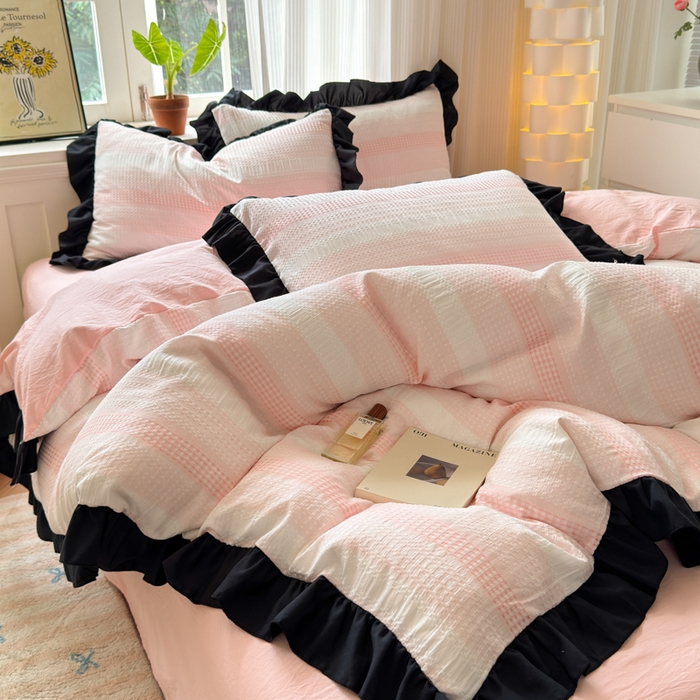 91家纺网 家纺一手货源 找家纺 （总）老K (原美阁）2024新款法式华夫格渐变色水洗棉韩版公主风四件套