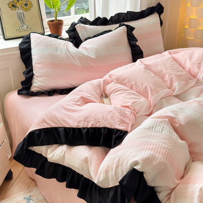 91家纺网 家纺一手货源 找家纺 （总）老K (原美阁）2024新款法式华夫格渐变色水洗棉韩版公主风四件套