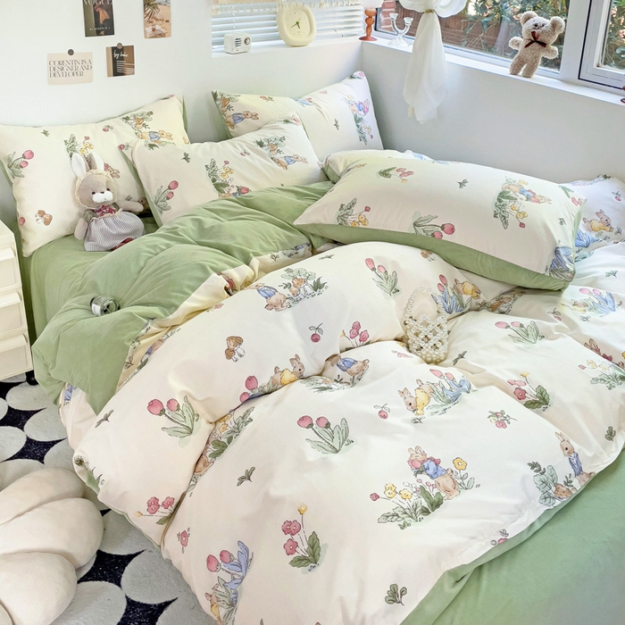 91家纺网 家纺一手货源 找家纺 盛馨家纺 2024秋冬棉加绒13372全棉宝宝绒牛奶绒床单床笠保暖绒四件套 兔野仙踪