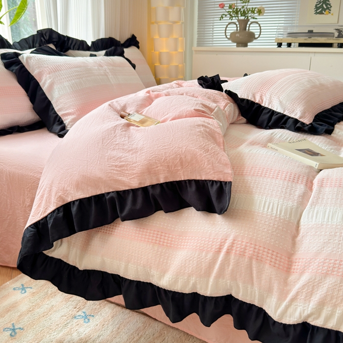 91家纺网 家纺一手货源 找家纺 （总）老K (原美阁）2024新款法式华夫格渐变色水洗棉韩版公主风四件套