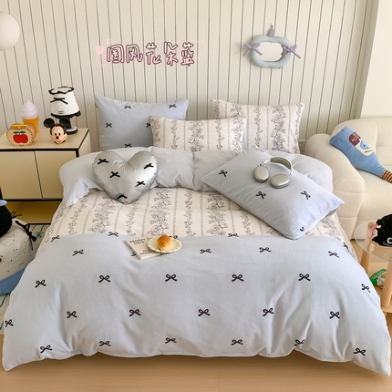 91家纺网 家纺一手货源 找家纺 顾里家纺 2024新款加厚牛奶绒ins奶油治愈系少女心保暖四件套 国风花朵蓝