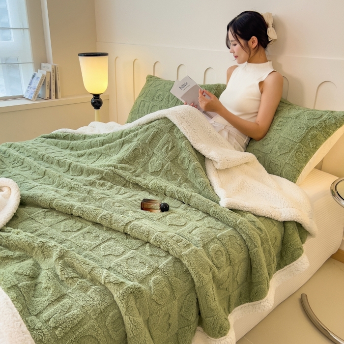 91家纺网 家纺一手货源 找家纺 希廷顿 2024新款高克重双层加厚塔芙绒毛毯 爱心-抹茶绿