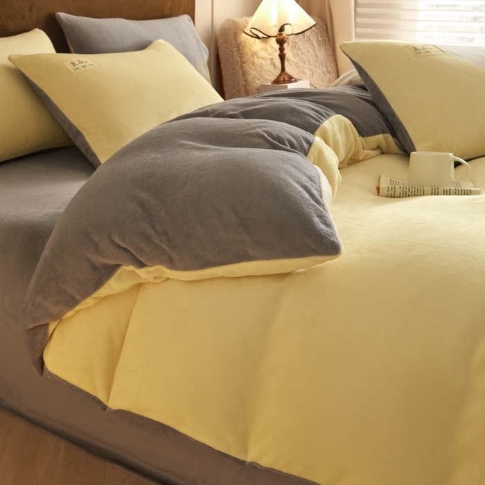 91家纺网 家纺一手货源 找家纺 澳梵家居 2024新款牛奶绒素色双拼四件套--【暖茶系列】 暖茶-柠檬黄