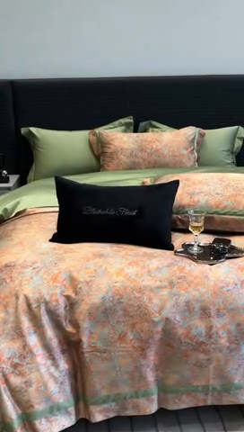 91家纺网 家纺一手货源 找家纺 2024新款高支数码印花四件套-梵叶 梵叶-桔