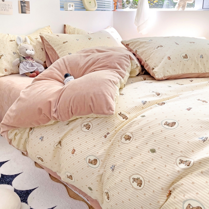 91家纺网 家纺一手货源 找家纺 盛馨家纺 2024秋冬棉加绒13372全棉宝宝绒牛奶绒床单床笠保暖绒四件套 幸运熊