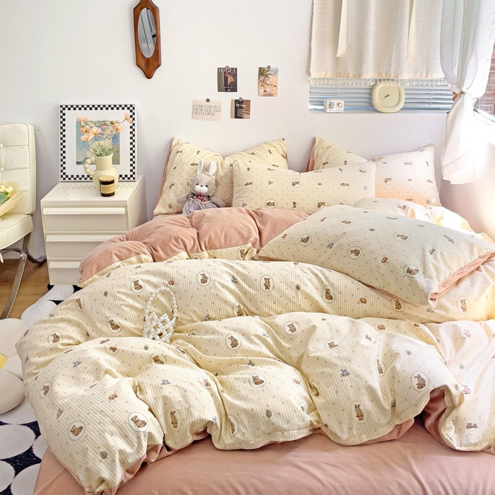 91家纺网 家纺一手货源 找家纺 盛馨家纺 2024秋冬棉加绒13372全棉宝宝绒牛奶绒床单床笠保暖绒四件套 幸运熊