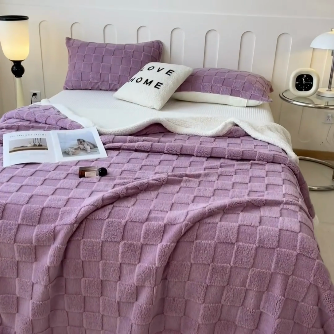 91家纺网 家纺一手货源 找家纺 希廷顿 2024新款高克重双层加厚塔芙绒毛毯 方格-香芋紫