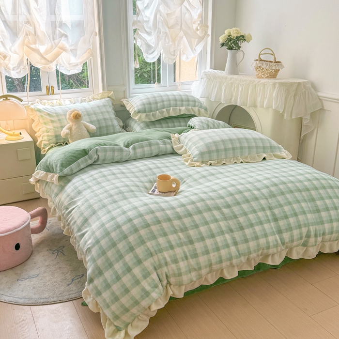 91家纺网 家纺一手货源 找家纺 2024新款高克重韩版牛奶绒四件套-奶油格子系列 奶油绿格