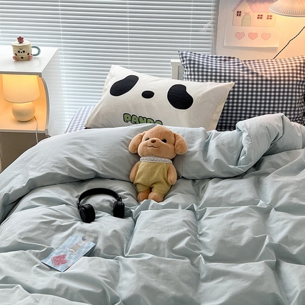 2024新款全棉纯色大版枕套混搭款四件套 蓝莓牛乳