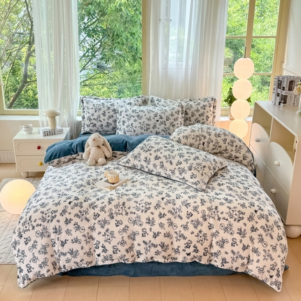 富之航家纺 2024新款高克重小清新牛奶绒四件套 花梦缘