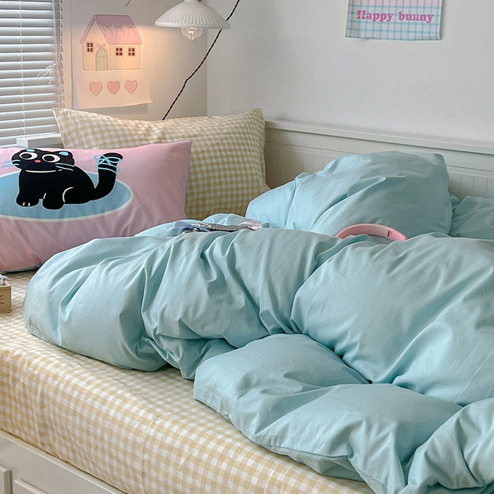 91家纺网 家纺一手货源 找家纺 2024新款全棉纯色大版枕套混搭款四件套 海盐苏打