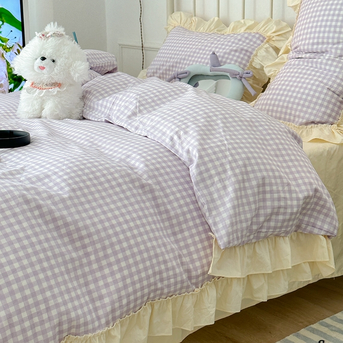 91家纺网 家纺一手货源 找家纺 2024新款花边奶油格子全棉混搭款四件套 香芋紫格