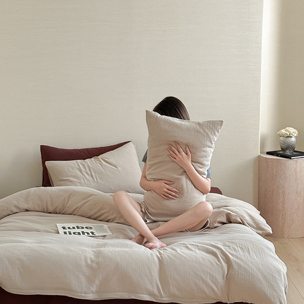 91家纺网 家纺一手货源 找家纺 （总）山舍家居 2024新款全棉极简皱皱双层纱纯色四件套