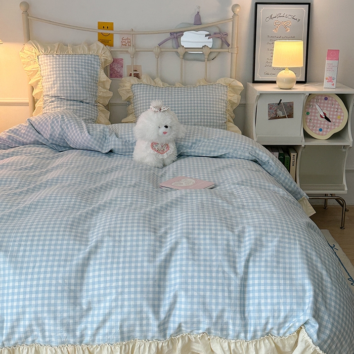 91家纺网 家纺一手货源 找家纺 2024新款花边奶油格子全棉混搭款四件套 茉香蓝格