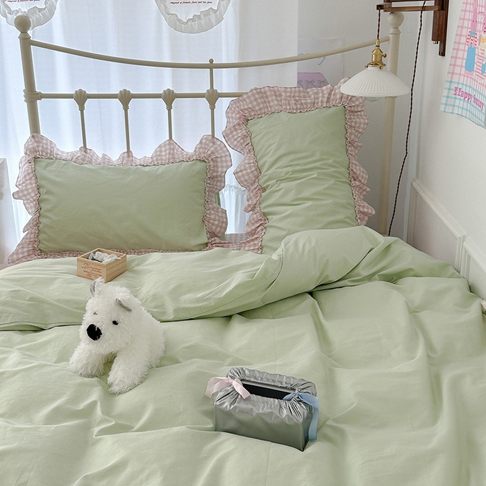 91家纺网 家纺一手货源 找家纺 2024新款花边奶油格子全棉混搭款四件套 莓莓芭乐