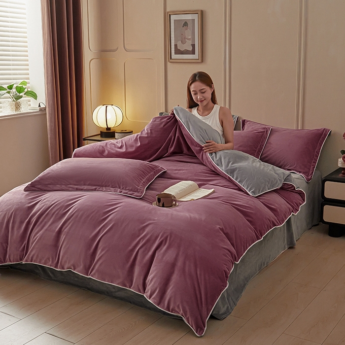 91家纺网 家纺一手货源 找家纺 澳梵家居 澳梵家居 2024新款A类宝宝绒嵌绳款四件套--【雅致系列】 葡萄紫+灰