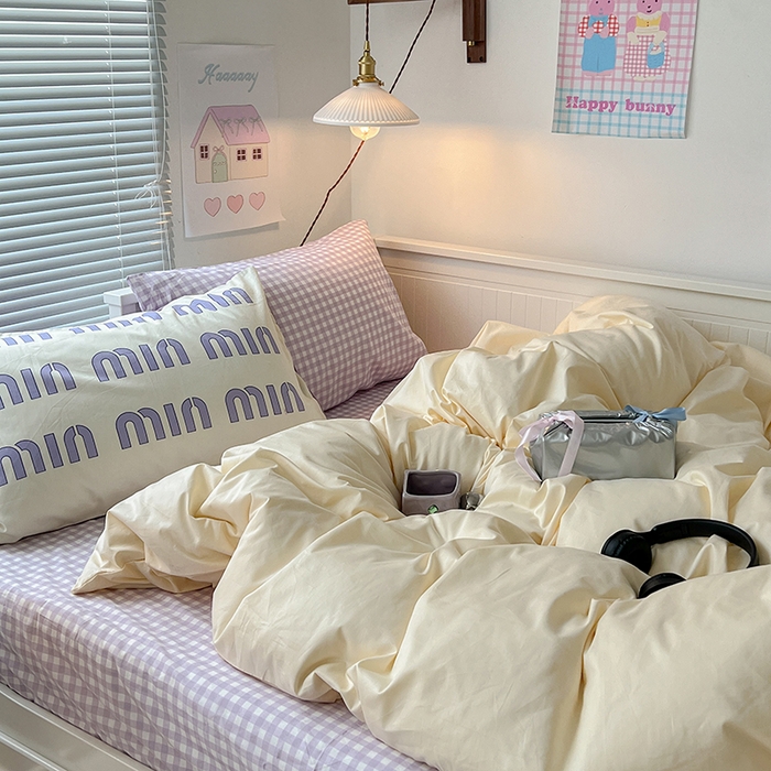 91家纺网 家纺一手货源 找家纺 2024新款全棉纯色大版枕套混搭款四件套 芋泥奶芙