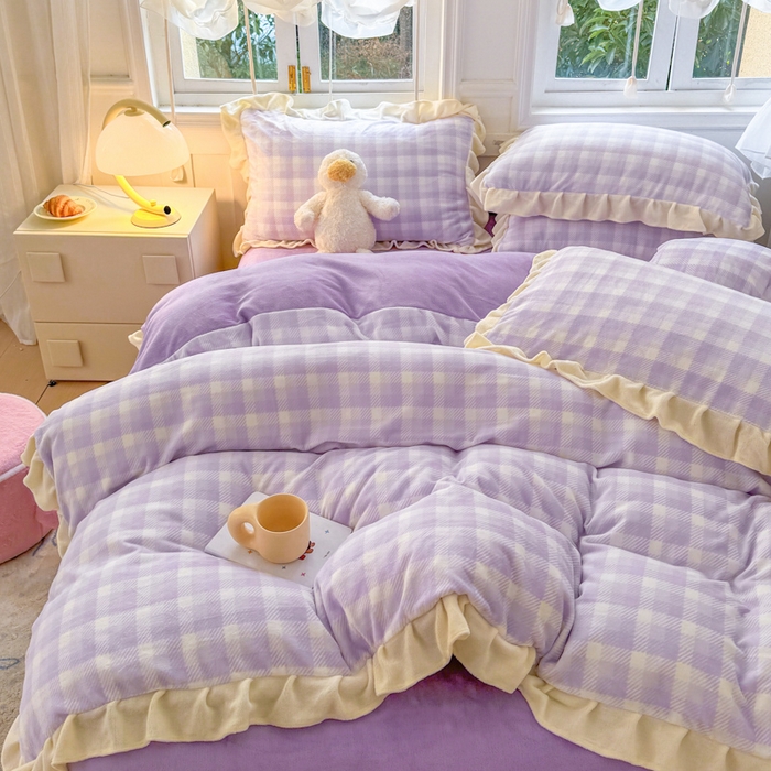91家纺网 家纺一手货源 找家纺 2024新款高克重韩版牛奶绒四件套-奶油格子系列 奶油紫格