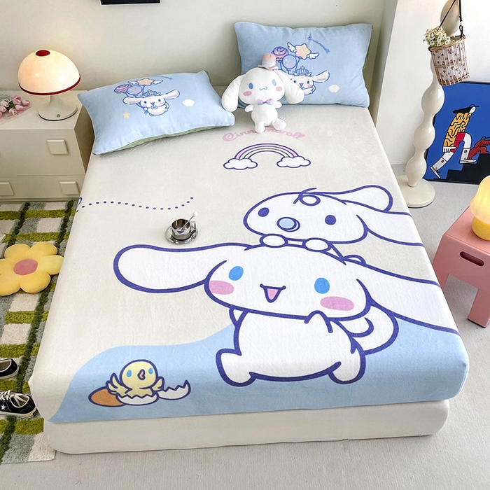 91家纺网 家纺一手货源 找家纺 米帛家纺 2024新款A类三丽鸥卡通床笠单件床罩冬季加厚牛奶绒床垫保护罩全包床单套 彩虹玉桂狗
