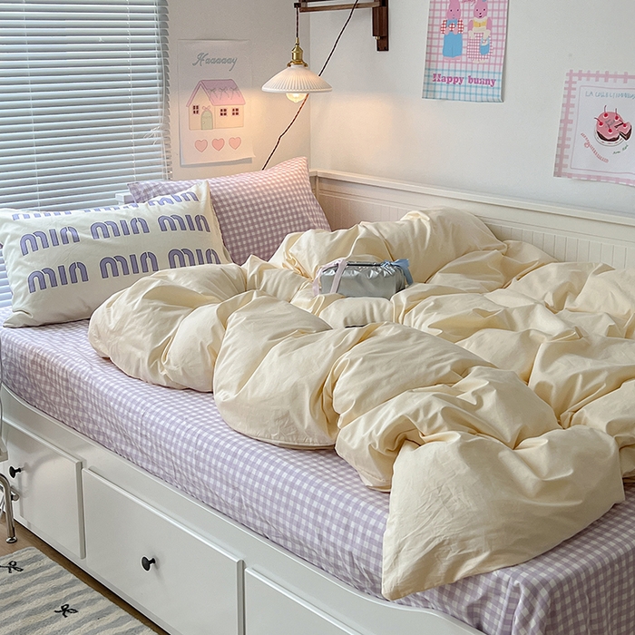 91家纺网 家纺一手货源 找家纺 2024新款全棉纯色大版枕套混搭款四件套 芋泥奶芙